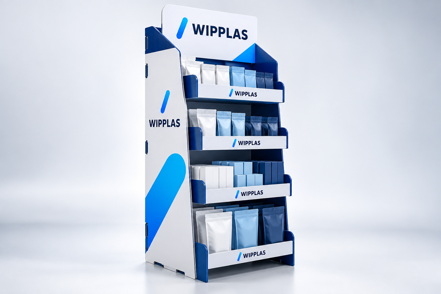 WIPPLAS Regalsystem und Bodenaufsteller für Produktpräsentation im Handel
