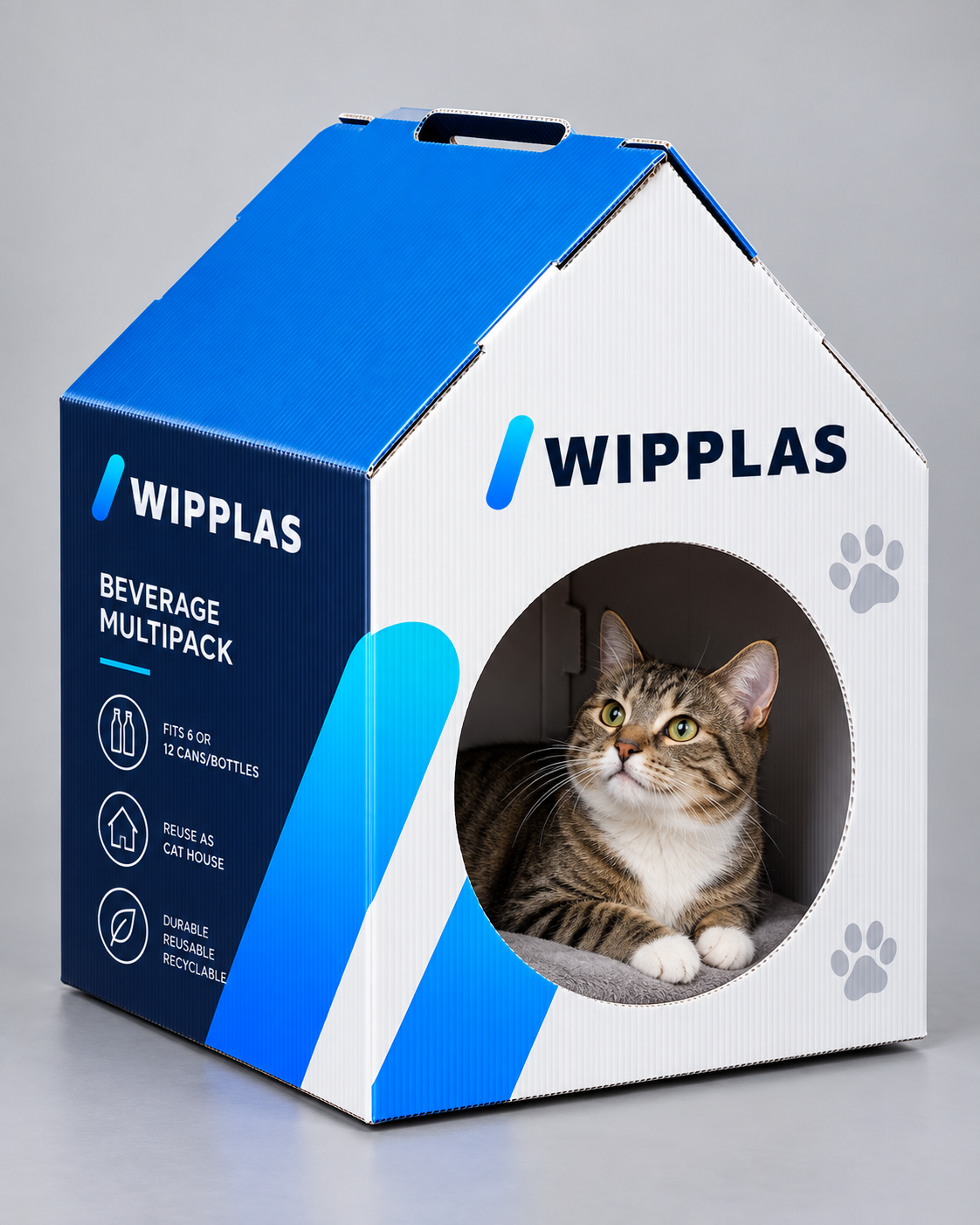 WIPPLAS Getränke-Multipack aus Wellpolypropylen mit Wiederverwendung als Katzenhaus